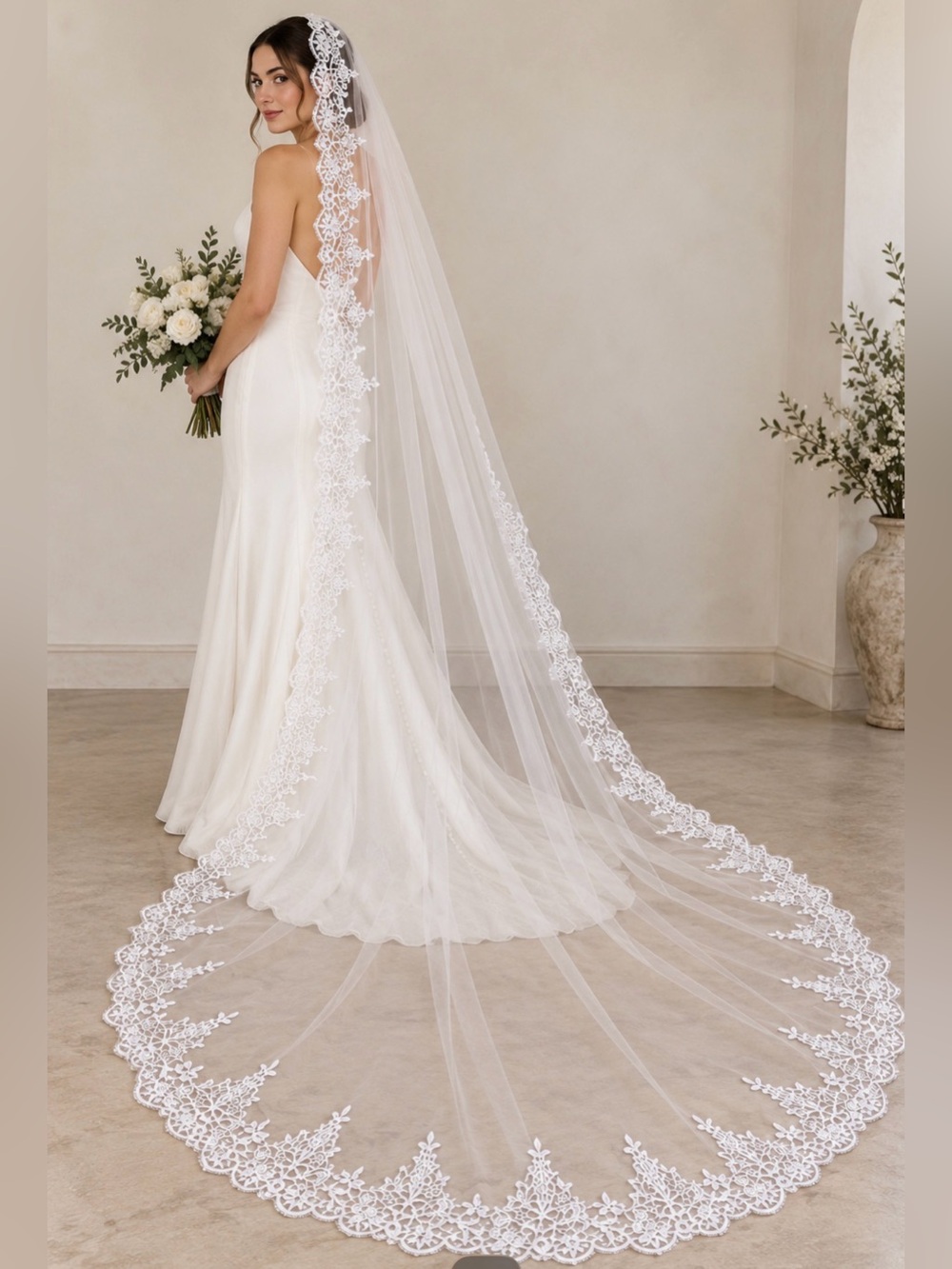 Cathedral Wedding Veil Floral Lace Trim Scalloped Edge Bridal Veil